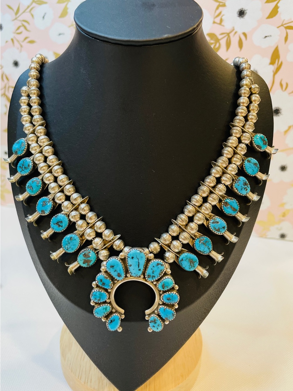 Vintage Navajo Blue Turquoise Squash Blossom Necklace And Earrings Set